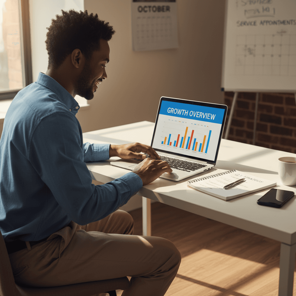 Home service business owner tracking customer bookings and growth metrics on laptop