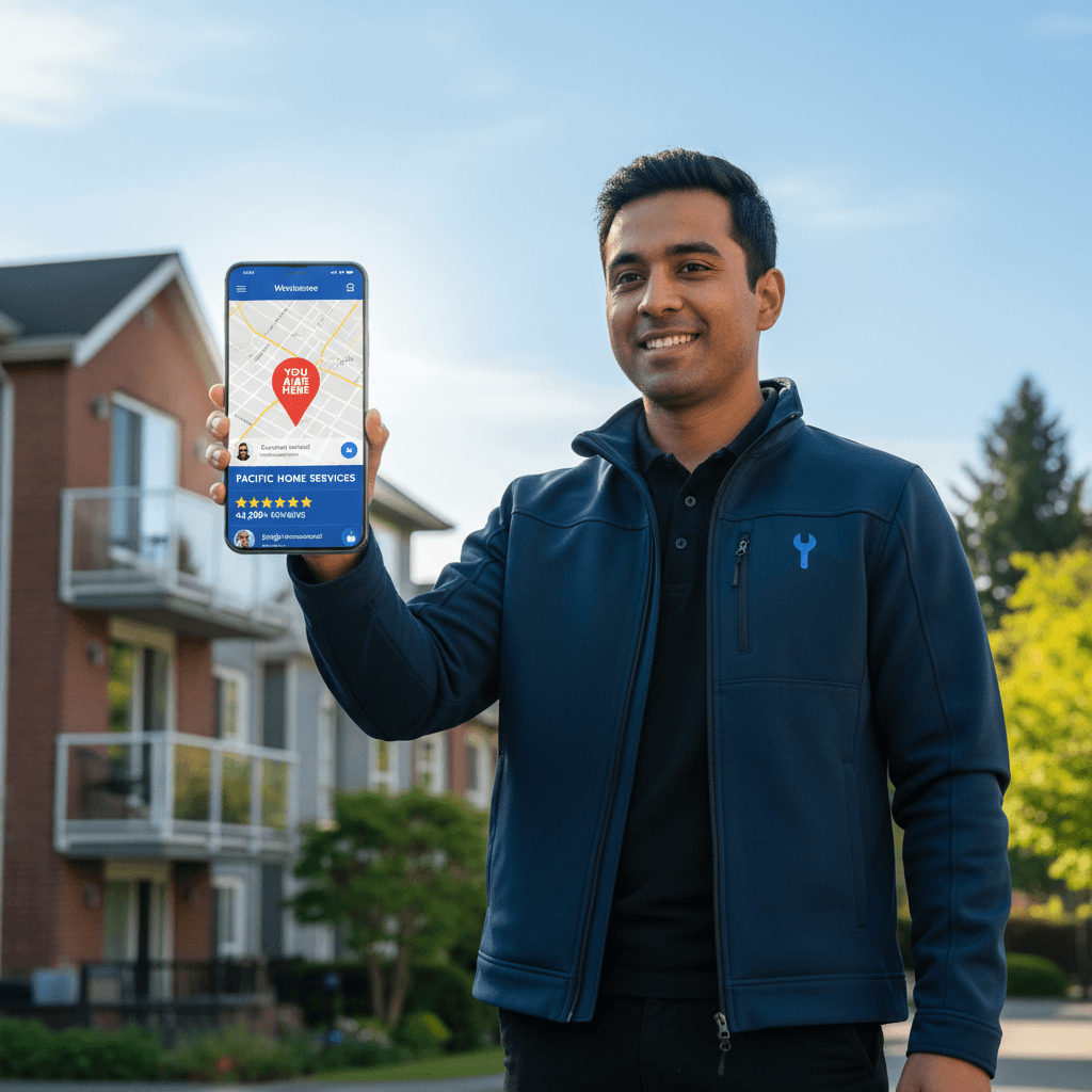 A bright, tech-forward lifestyle aesthetic medium shot of a home service technician in a Vancouver neighborhood checking a smartphone displaying a Google Maps interface with their business location pinned and customer reviews visible.