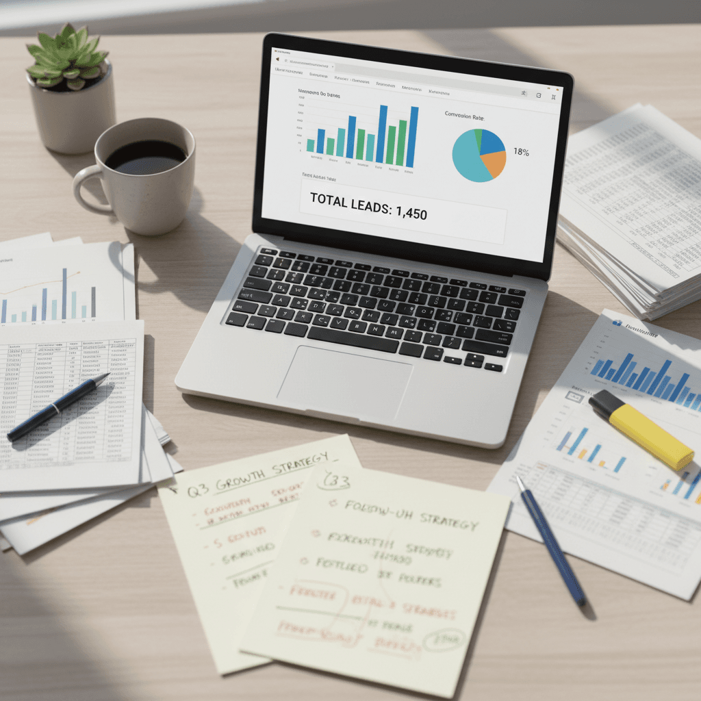 Overhead view of lead management dashboard and business analytics workspace