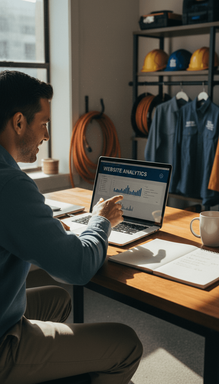 Home service business owner reviewing website performance on laptop