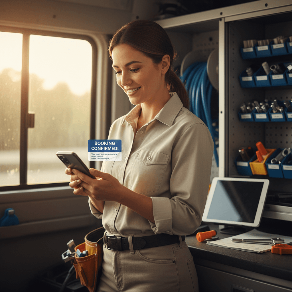 Home service business owner receiving automated booking confirmation on mobile device
