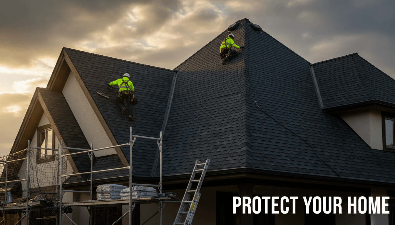 Two roofers in safety gear installing dark asphalt shingles on residential home exterior with scaffolding visible