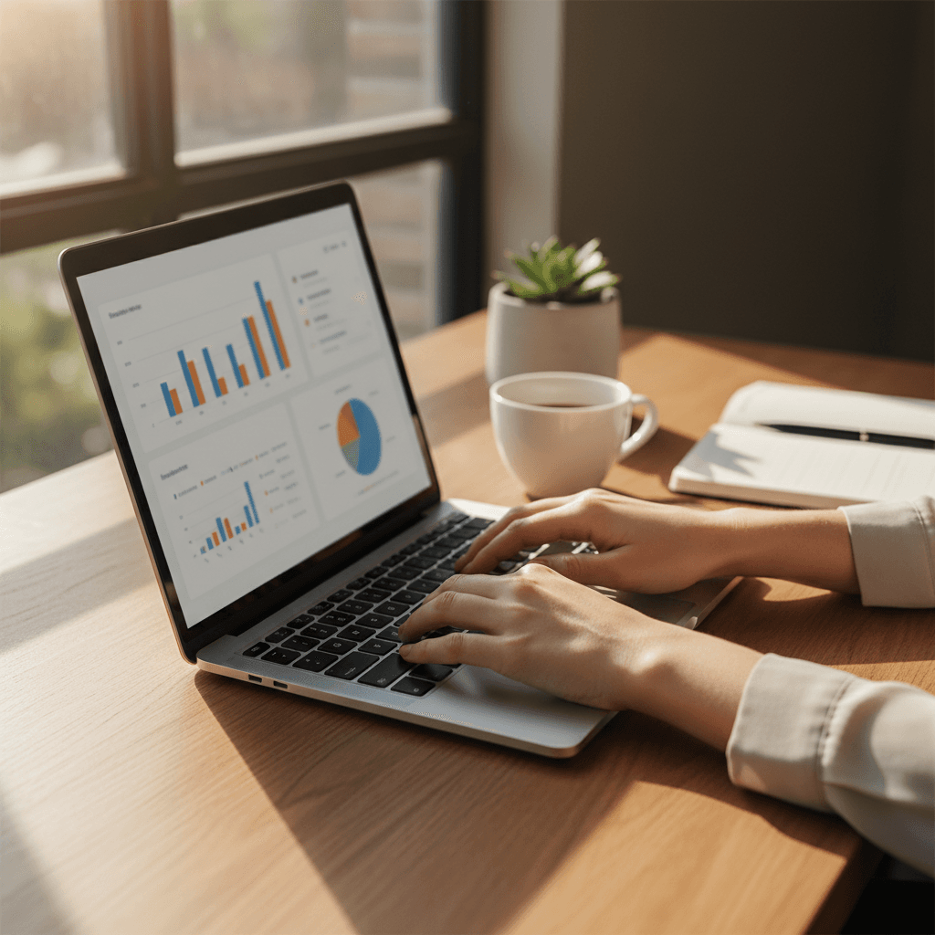 Home service business owner reviewing website analytics and booking data